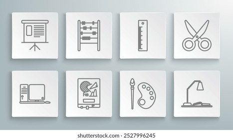 Set line Computer monitor with keyboard and mouse, Workplace table lamp open book, Ruler, Scissors and Presentation financial graph, schedule, diagram, infographic, pie icon. Vector