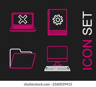 Set line Computer monitor with keyboard, Document folder, User manual and Laptop and cross mark screen icon. Vector