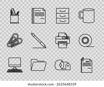 Set line Computer monitor with keyboard, File document and paper clip, Drawer documents, Document folder, Pencil case stationery, line, Scotch and  icon. Vector