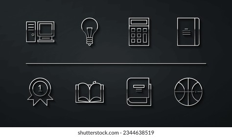 Set line Computer monitor, Medal, Spiral notebook, Book, Open, Light bulb with concept of idea, Basketball ball and Calculator icon. Vector