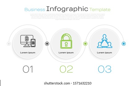 Set line Computer monitor with mobile phone and bitcoin, Lock and Project team base. Business infographic template. Vector