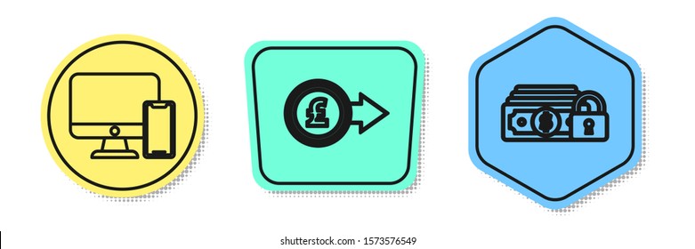 Set line Computer monitor and mobile phone, Coin money with pound sterling symbol and Money with lock. Colored shapes. Vector