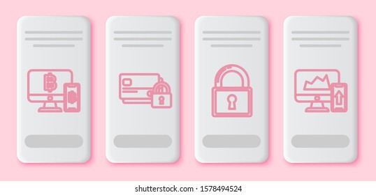Set line Computer monitor with mobile phone and bitcoin, Credit card with lock, Lock and Financial chart or graph on the computer monitor and mobile phone. White rectangle button. Vector