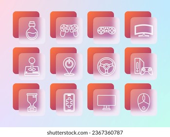 Set line Computer monitor, Mobile gaming, Racing simulator, Power button, Game controller joystick, Bottle with magic elixir and  icon. Vector