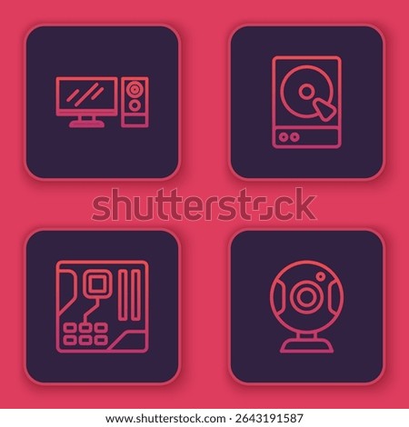 Set line Computer monitor, Motherboard digital chip, Hard disk drive HDD and Web camera. Blue square button. Vector