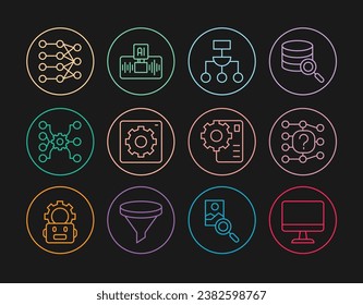 Set line Computer monitor, Neural network, Algorithm, api interface,  and Artificial intelligence AI icon. Vector