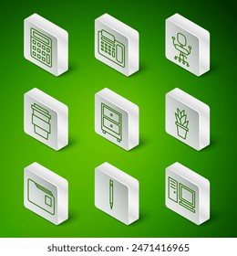 Set line Computer monitor, Pencil with eraser, Calculator, Drawer documents, Coffee cup go, Telephone, Document folder and Plant in pot icon. Vector