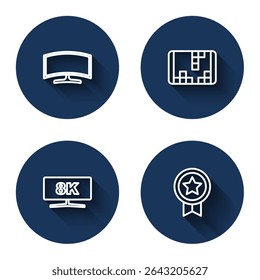 Set line Computer monitor, Portable video game console,  and Game rating with medal with long shadow. Blue circle button. Vector