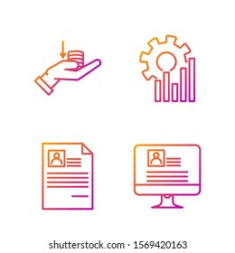 Set line Computer monitor with resume, Resume, Money on hand and Pie chart infographic. Gradient color icons. Vector
