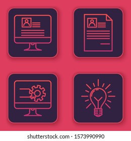Set line Computer monitor with resume, Computer monitor with graph chart, Resume and Light bulb with rays shine and concept of idea. Blue square button. Vector