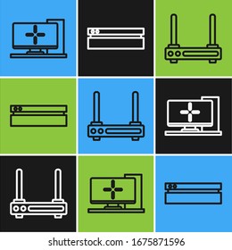 Set line Computer monitor, Router and wi-fi signal and Video game console icon. Vector