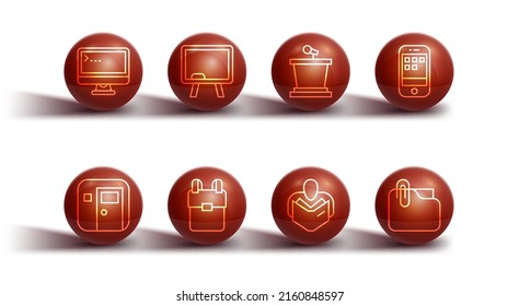 Set line Computer monitor, School classroom, Smartphone, Man reading book, backpack, Chalkboard, Document folder with clip and Stage stand icon. Vector