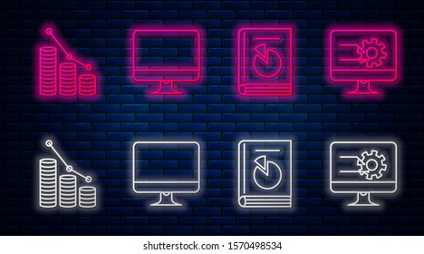 Set line Computer monitor screen, User manual, Pie chart infographic and coin and Computer monitor with graph chart. Glowing neon icon on brick wall. Vector