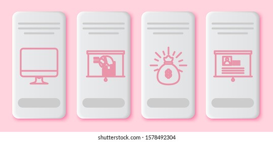 Set line Computer monitor screen, Board with graph chart, Money bag and Board with resume. White rectangle button. Vector