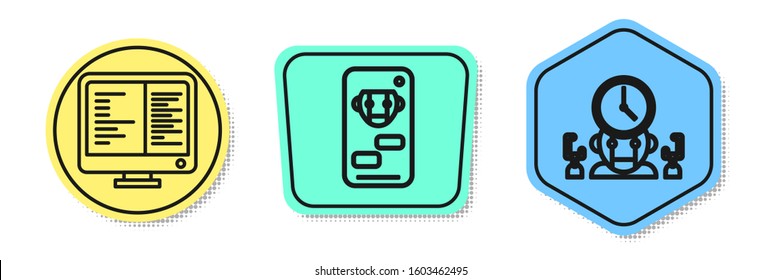Set line Computer monitor screen, Bot and Robot and digital time manager. Colored shapes. Vector