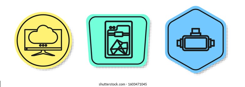 Set line Computer monitor screen, 3D printer and Virtual reality glasses. Colored shapes. Vector