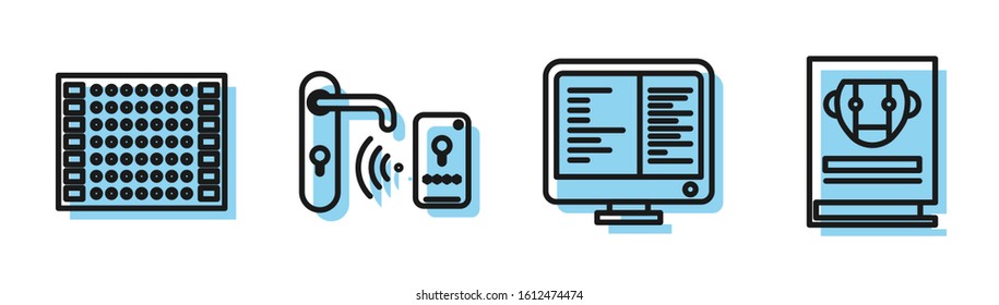 Set line Computer monitor screen, Printed circuit board PCB, Digital door lock with wireless technology for unlock and User manual icon. Vector