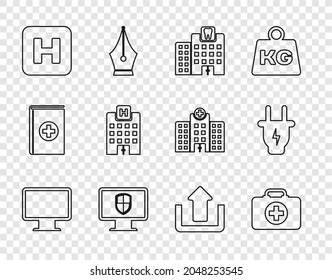Set line Computer monitor screen, First aid kit, Dental clinic, Monitor and shield, Hospital, Medical hospital building, Upload and Electric plug icon. Vector