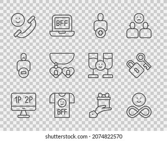 Set line Computer monitor screen, Friends forever, Add friend, BFF best friends, Incoming call mobile, Necklace with heart shaped, Give gift and Lock key icon. Vector
