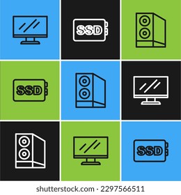 Set line Computer monitor screen, Case of computer and SSD card icon. Vector