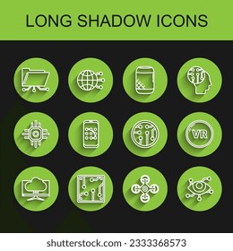 Set line Computer monitor screen, Processor, Folder and lock, Drone, Virtual reality, Mobile graphic password protection,  and  icon. Vector