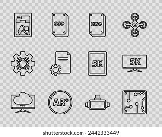 Set line Computer monitor screen, Processor, Hard disk drive HDD, Ar, augmented reality, 3D printer, File document, Virtual glasses and Monitor display with 5k video icon. Vector