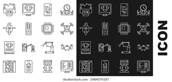 Set line Computer monitor screen, Drone flying with action camera, Algorithm, Remote control, Robot, Assembly line and Processor microcircuits CPU icon. Vector