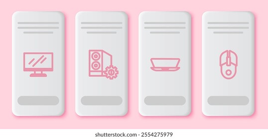 Set line Computer monitor screen, Case of computer, Laptop and mouse. White rectangle button. Vector