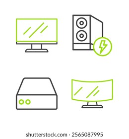 Set line Computer monitor screen, Server, Data, Web Hosting, Case of computer and  icon. Vector