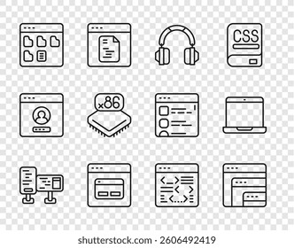 Set line Computer monitor screen, Software, Headphones, Search engine, Browser files, Processor with microcircuits CPU,  and Laptop icon. Vector