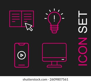 Set line Computer monitor screen, Online play video, Light bulb with concept of idea and book icon. Vector
