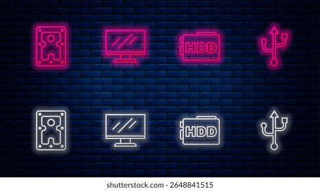 Set line Computer monitor screen, Hard disk drive HDD,  and USB. Glowing neon icon on brick wall. Vector