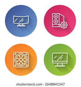 Set line Computer monitor screen, Case of computer, cooler and . Color circle button. Vector