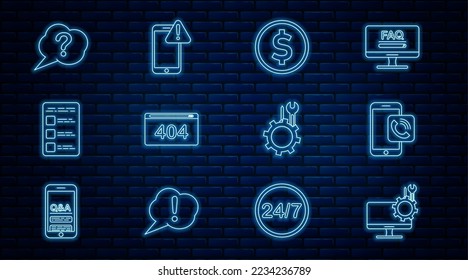 Set line Computer monitor service, Coin money with dollar, Page 404 error, Create account screen mobile, Speech bubble Question, Wrench and screwdriver gear and exclamation mark icon. Vector