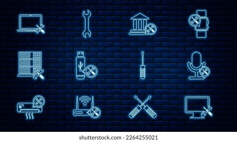 Set line Computer monitor service, Microphone, Bank building, USB flash drive, Database server, Laptop, Screwdriver and Wrench icon. Vector