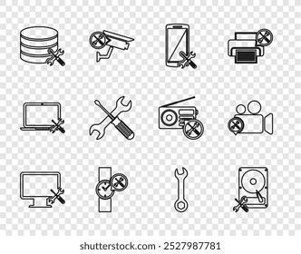 Definir linha Serviço de monitor de computador, Disco rígido, Smartphone, relógio de pulso, servidor de banco de dados, chave de fenda cruzada e chave inglesa, Chave inglesa e ícone da câmera de vídeo. Vetor