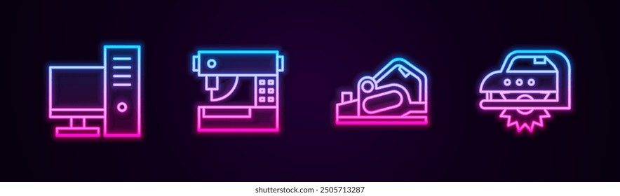 Set line Computer monitor, Sewing machine, Electric planer tool and circular saw. Glowing neon icon. Vector