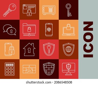 Set line Computer monitor and shield, Shield with world globe, Laptop lock, Safe, FTP folder, Protection of personal data, Key and Smartphone fingerprint scanner icon. Vector