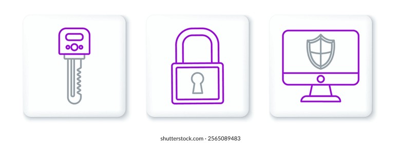 Set line Computer monitor and shield, Key and Lock icon. Vector