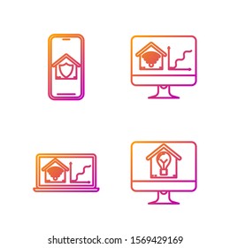 Set line Computer monitor with smart house and light bulb, Laptop with smart home with wi-fi, Mobile phone with house under protection. Gradient color icons. Vector