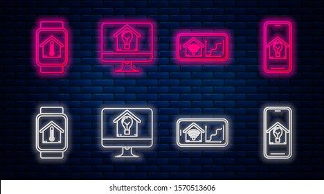 Set line Computer monitor with smart house and light bulb, Mobile phone with smart home with wi-fi, Smart watch with house temperature and light bulb. Glowing neon icon on brick wall. Vector