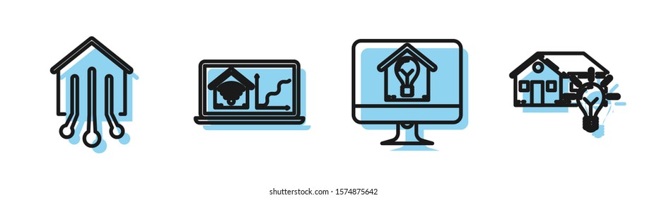 Set line Computer monitor with smart house and light bulb, Smart home, Laptop with smart home with wi-fi and Smart house and light bulb icon. Vector