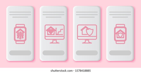 Set line Computer monitor with smart home with wi-fi, Computer monitor with house under protection and Smart watch with house under protection. White rectangle button. Vector