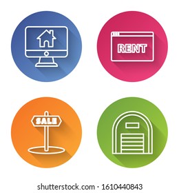 Set line Computer monitor with smart home, Hanging sign with text Online Rent, Hanging sign with text Sale and Warehouse. Color circle button. Vector