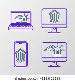 Set line Computer monitor with smart house and alarm, Mobile phone home,  and Laptop icon. Vector