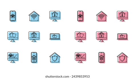 Set line Computer monitor with smart home with wi-fi, Mobile phone, House under protection, house and light bulb, Laptop,  and Smart icon. Vector