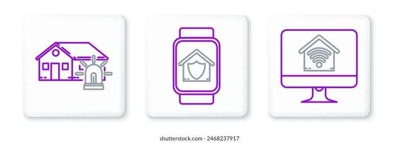 Set line Computer monitor with smart home with wi-fi, Smart house and alarm and watch under protection icon. Vector