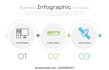 Set line Computer monitor, Smart glasses and Satellite. Business infographic template. Vector