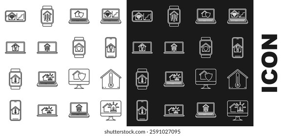 Set line Computer monitor with smart house and alarm, House temperature, Mobile phone light bulb, Laptop under protection, home, wi-fi and Smart watch icon. Vector