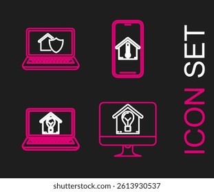 Set line Computer monitor with smart house and light bulb, Laptop, Mobile phone temperature and under protection icon. Vector
